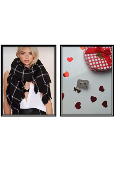 sema aksesuar Μαύρο και άσπρο ριγέ σάλι - Συνδυασμός κασκόλ και σκουλαρίκι πε...