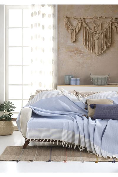 Lux Touch Plasă albastră din bumbac pentru bebeluș Bergama - Husă șezut 170x200 cm și husă șal canapea extensibilă