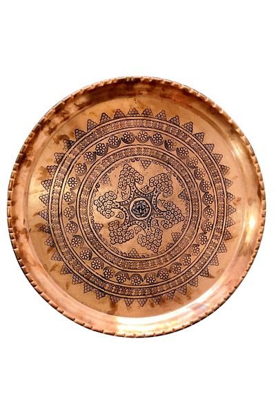 Binbir Trend Hand Embroidered Authentic Patterned Thick Urfa Copper Tray 28 Cm Diameter