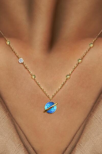 Demas Gold Pırlanta 14 Ayar Altın Dorikalı Avustralya Mavi Opal Gezegen Kolye