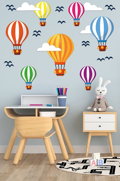 Tilki Dünyası Flying Balloons, White Clouds And Birds Deco Kids Room Wall Sticker