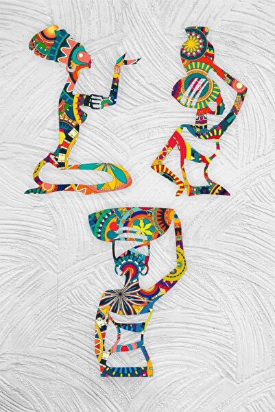 UNT Afrikalı Kadınlar Figürü Duvar Dekoru - Süsü, Ahşap Dekoratif Renkli Bask...