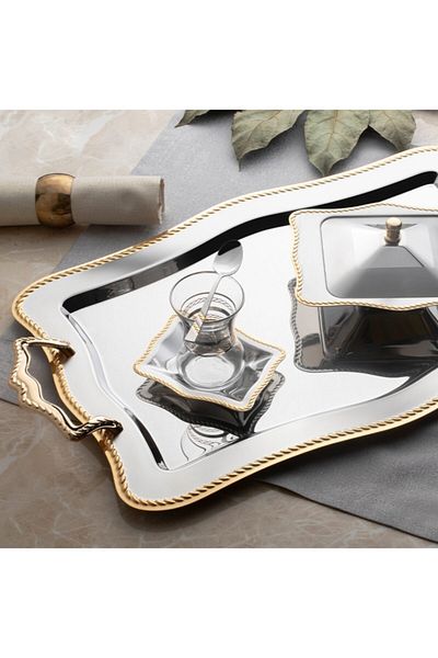 Nehir Chain Gold Satin 28 Piece Tea Set (Without Cup)
