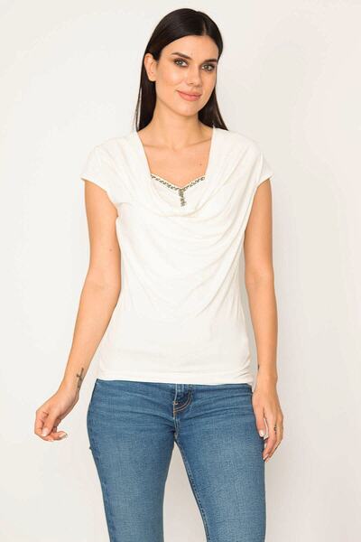 Şans Tekstil Women's Bone Stone Detailed Low Collar Blouse 26a25941
