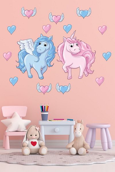 Tilki Dünyası Pink and Blue Unicorn Winged Pink Hearts Deco Kids Room Sticker