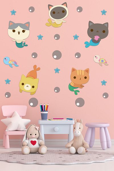 Tilki Dünyası Cute Catfish Sea Turtles And Fishes Deco Kids Room Wall Sticker