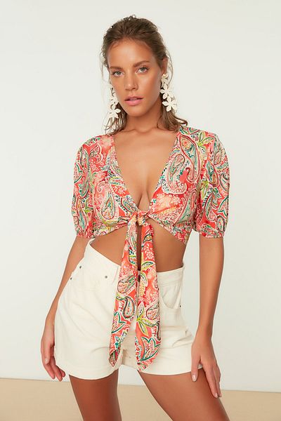 Trendyol Collection Kendőmintás Crop fűzős részlet viszkóz strandblúz TBESS21BZ2093