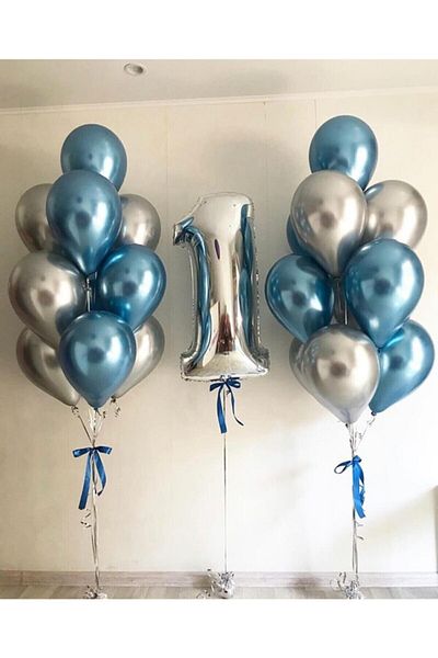 MERİ PARTİ Chrome Gray And Blue Balloon Set Chrome Gray Set