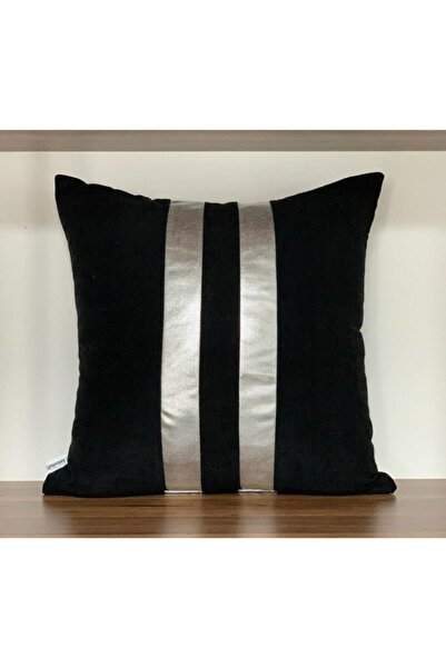 KIRLENTİM Siyah Zemin Ortada Gümüş Varak Düz Iki Bant Kırlent Kılıfı