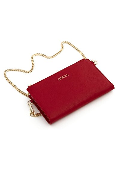 Deriza Tedi Hakiki Deri Zincirli Telefon Çantası Kırmızı