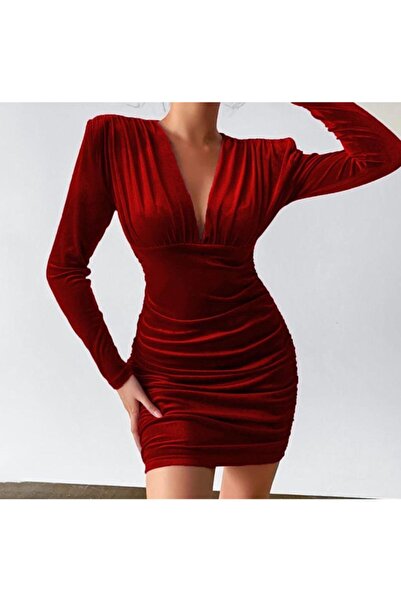 XNİGHT Bordo Kadife Elbise