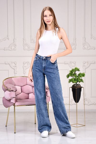 Aspasia Women's Blue Snow Washed Loose High Waist Jeans Wide Leg Jeans