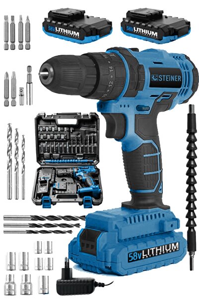 STEİNER Alman Sta 58 V 5 Ah Darbeli Çift Akülü Bakır Sargılı Metal Şanzıman Şarjlı Vidalama Matkap
