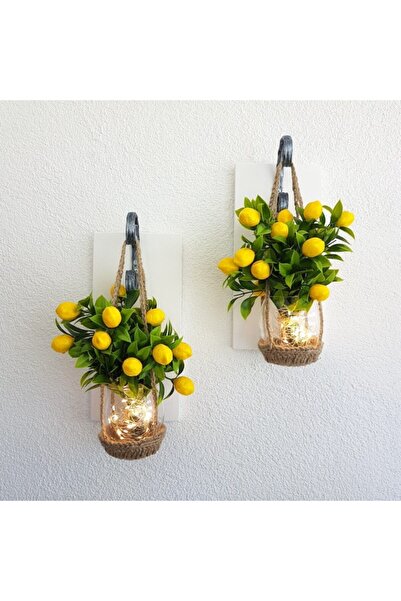 STDEKOR Led Işıklı Duvar Dekoru, Limon Yapay Çiçekli Aplik, Beyaz Ikili Set