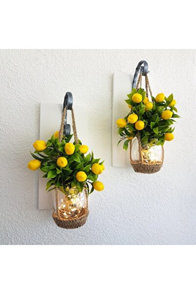 STDEKOR Led Işıklı Duvar Dekoru, Limon Yapay Çiçekli Aplik, Beyaz Ikili Set