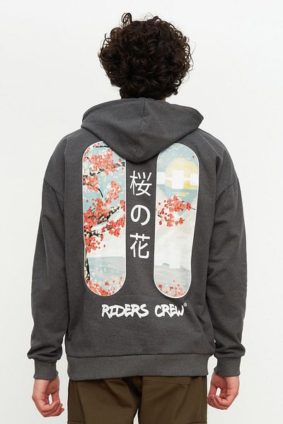 Trendyol Collection Far East Patterned - Antracitová oversize mikina s kapucí TMNAW22SW0969