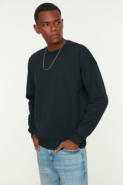 Trendyol Collection Sötétkék polár ing - hátul nyomott, széles vágású pamut pulóver TMNAW22SW0796