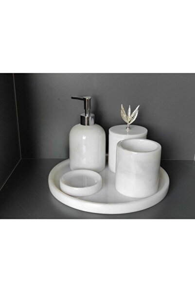 Polen Stone Set de baie din 5 piese cu accesorii din marmură albă, argintiu ș...