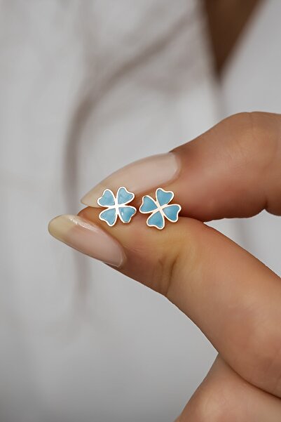 Nereze 925 Ayar Gümüş Minik Mavi Mineli Yonca Küpe