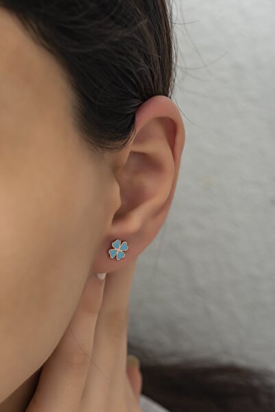 Nereze 925 Ayar Gümüş Minik Mavi Mineli Yonca Küpe