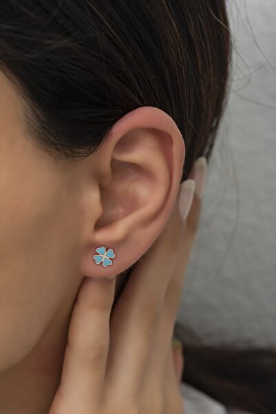 Nereze 925 Ayar Gümüş Minik Mavi Mineli Yonca Küpe