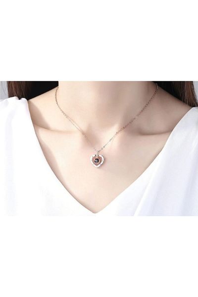 AlpCollection I Love You in 100 Languages Gray Heart Chain Projection Necklace