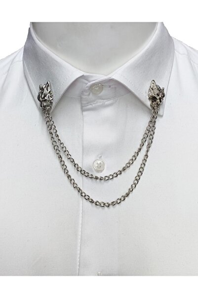 Genel Markalar Kurt Figürlü Gümüş Renk Zincirli Gömlek Yaka Iğnesi