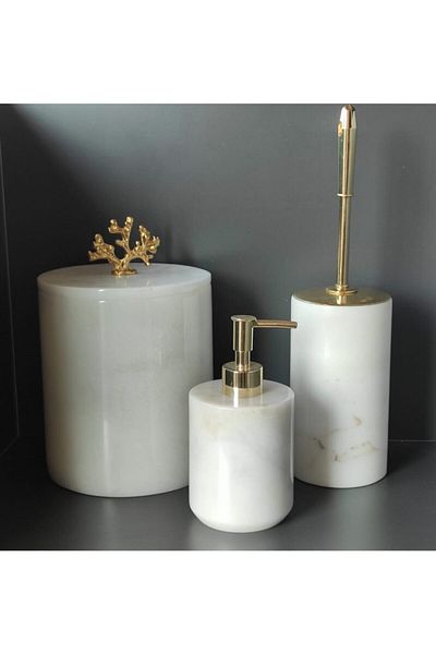 Polen Stone White Marble 3-Piece Bathroom Set (Dump Bucket, WC Brush Holder, Liquid Soap Holder)