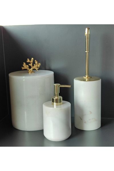Polen Stone White Marble 3-Piece Bathroom Set (Dump Bucket, WC Brush Holder, Liquid Soap Holder)
