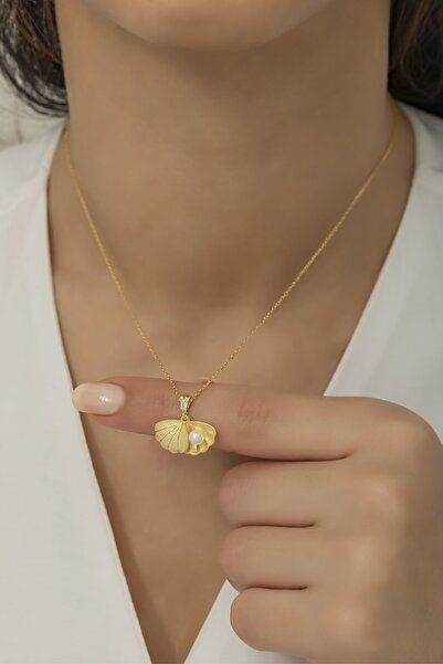 Nereze 925 Ayar Gümüş Gold Incili Istiridye Kolye