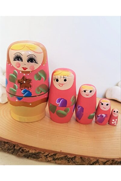 miski alem Iç Içe Geçen Ahşap Pembe Matruşka Bebek 5li