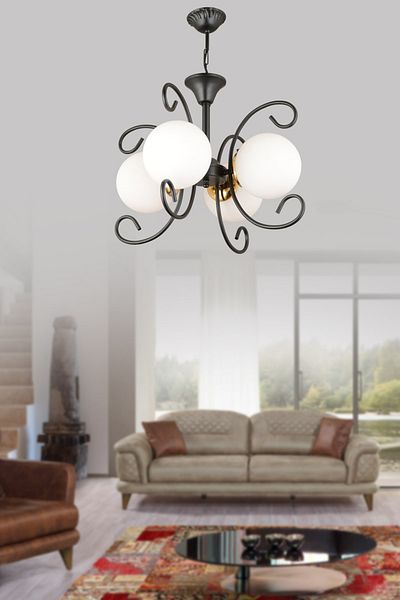 SONSUZ AYDINLATMA&AVİZE Modern Luxury Chandelier with Violet Black 4-Piece White Globe Glass