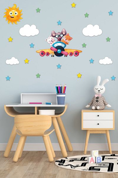 Tilki Dünyası Cute Animals Driving Airplanes, Clouds, Sun And Colorful Stars Deco Kids Room Wall Sticker