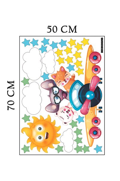 Tilki Dünyası Cute Animals Driving Airplanes, Clouds, Sun And Colorful Stars Deco Kids Room Wall Sticker