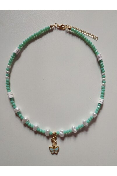 Fata Morgana Accessory Kelebek Uçlu Barok Incili Mint Yeşili Kristal Boncuk K...
