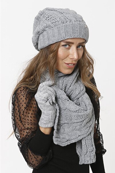 sema aksesuar Winter Scarf Beanie Gloves Set - Grey - Valentine's Day Gift