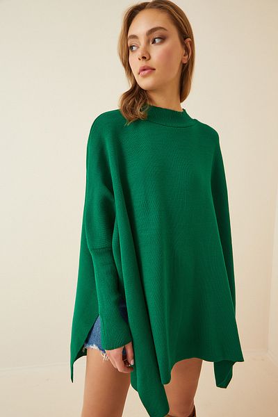 Happiness İstanbul Grünes Oversize-Poncho-Sweatshirt mit Seitenschlitz für Damen YY00005