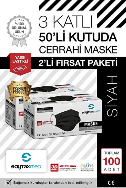 SAYTEKMED Meltblown Filtreli, 3 Katlı Yassı Ipli Siyah Maske (2 KUTU/100 ADET)