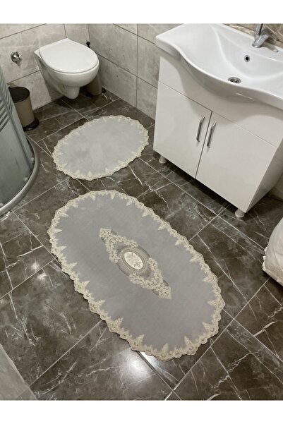 Genel Markalar Oval Fransız Dantelli Aplikli Banyo Paspas Seti - 2li Çeyizlik...
