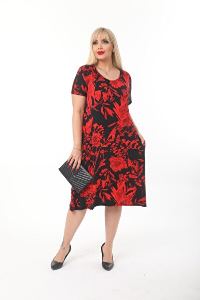 ModaSehle Plus Size Red Flower Patterned Black Short Sleeve Dress