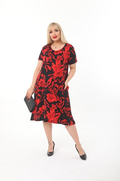 ModaSehle Plus Size Red Flower Patterned Black Short Sleeve Dress