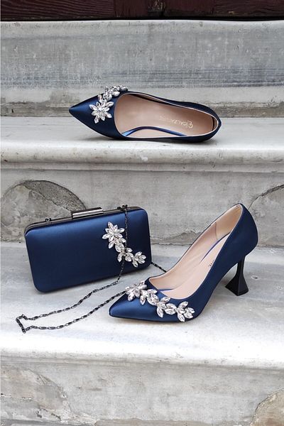LA CALZATURE Set pantofi și genți de damă din satin bleumarin - 9cm
