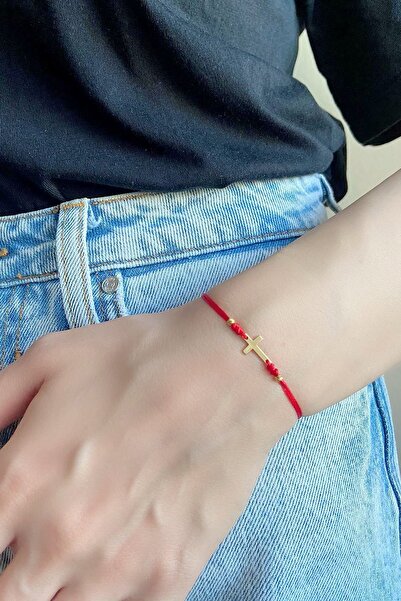 alberaccessories 925 Ayar Gümüş 14 K Gold Kaplama Tasarım Haç Kırmızı Ip Bile...