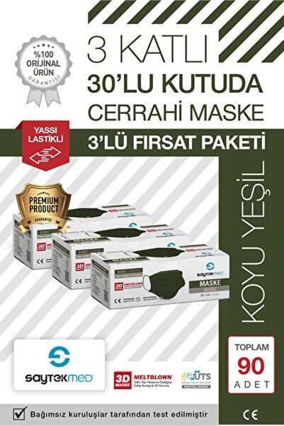 SAYTEKMED Meltblown Filtreli, Yassı Ipli, 3 Katlı Haki/koyu Yeşil Cerrahi Mas...