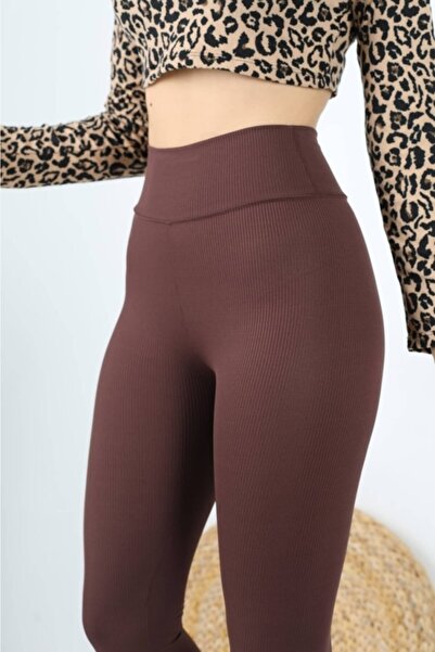 UG Fashion Smeđe bešavne helanke - Izdržljive rebraste sportske helanke visok...