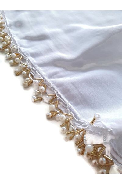 BENLİ Pearl Beaded Gold Hand Embroidered Scarf Writing 100x100cm