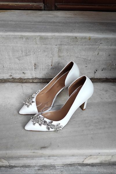 LA CALZATURE White Leather 9cm Side Transparent Star Stone Heeled Stiletto Women's Shoes