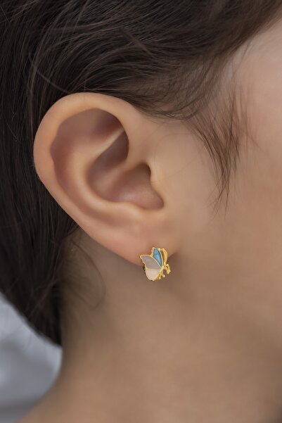 Nereze 925 Ayar Gümüş Renkli Mineli Kelebek Çocuk Küpe