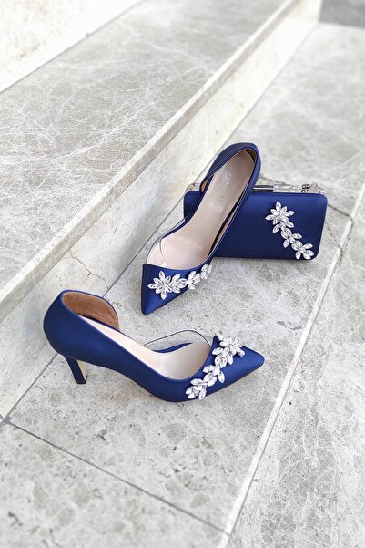 LA CALZATURE Lacivert Saten Çanta Takım 9cm Yan Şeffaf Yıldız Taşlı Topuklu S...