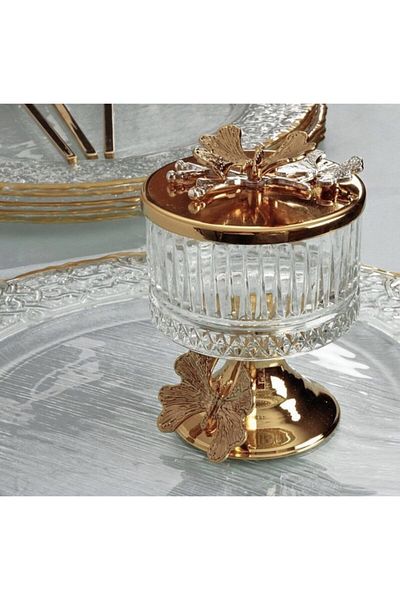 Mira züccaciye Elegantly Designed Elysıa Glass Sugar Bowl, Snack Bowl, Turkish Delight Bowl, Presentation Bowl with Gold Footed and Butterfly Lid